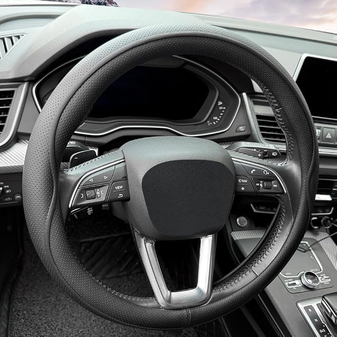 HAOTULE Leather Steering Wheel Cover, with Anti-Slip Stripe Design - Enhanced Grip, Fashion Style, Safe, Non-Slip, Breathable. Upgrade car Interior,Black