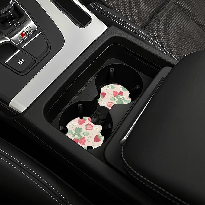 Strawberry Flowers Steering Wheel Cover - Strawberry Flower Steering Wheel Cover for Women Cute Car Breathable Universal for 14-15 Inch Anti-Slip 2 Pieces Car Coasters