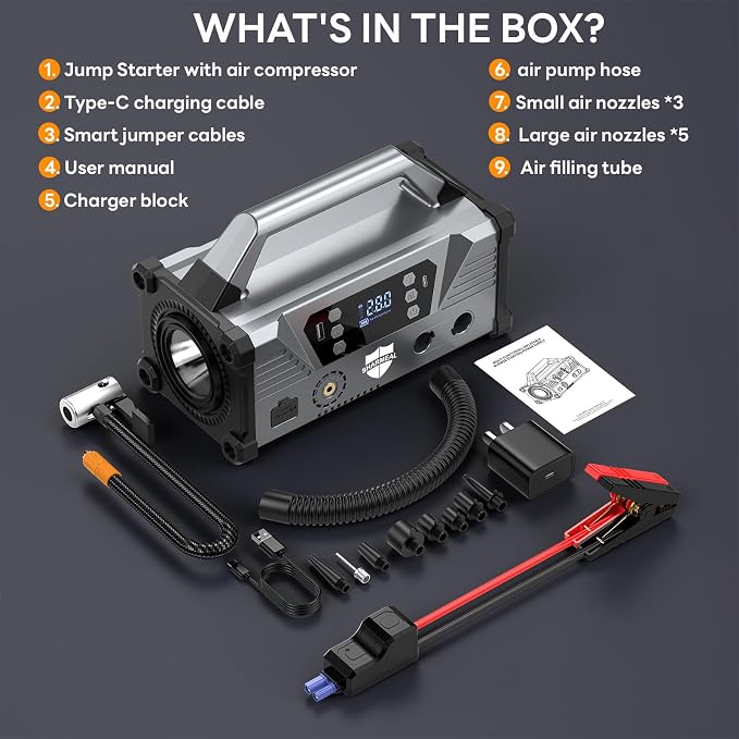 Sharmeal Jump Starter with Air Compressor,9000A Car Battery Jump Starter (All Gas/12.0L Diesel),200PSI Car Battery Jumper Starter Portable 12V Jump Box with Jumper Cables, LED Light
