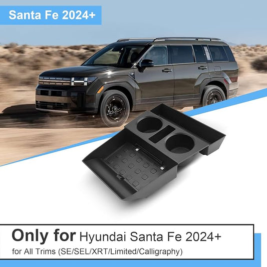 2024 2025 2026 Santa Fe Center Console Organizer (Lower) for Hyundai Santa Fe (SE/SEL/XRT/Limited/Calligraphy), Durable ABS Plastic&Anti-Slip Rubber Cup Holder Insert 2025 Santa Fe Accessories