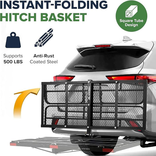 ARKSEN 60" x 25" x 14" Folding Cargo Basket, Cargo Rack Carrier 500 Lbs Heavy Duty Capacity 2 Inch Receiver Luggage Basket Hitch Fold Up for SUV Pickup Camping Traveling