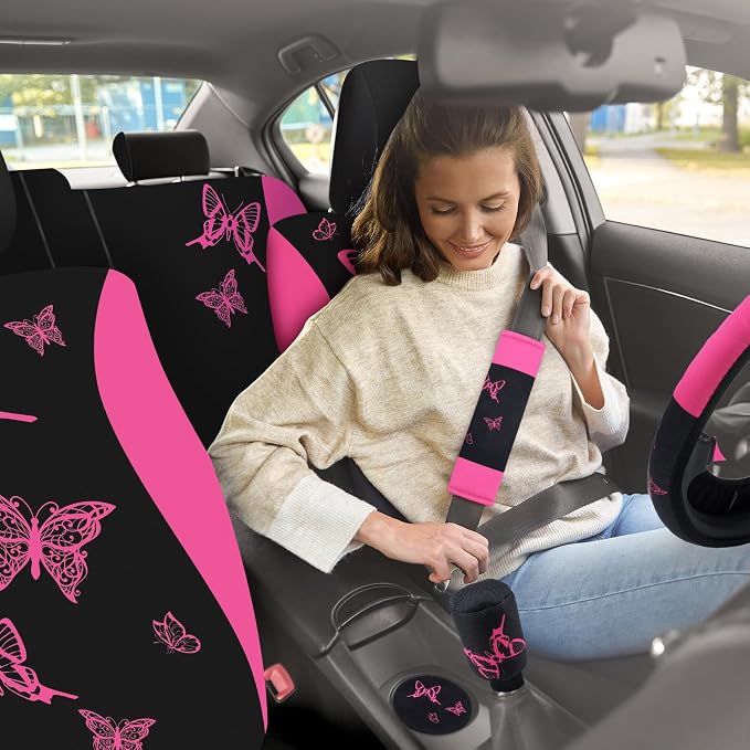 BBTO 43 Pcs Butterfly Car Seat Full Set Butterfly Car Accessories for Women 5 Front Rear Seat Covers Wrist Strap 2 Pcs Cup Mat Armrest Pad 2 Belt Xmas Cover Accessories for SUV(Pink, Black)