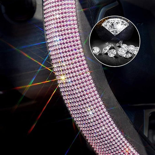 New Diamond Leather Steering Wheel Cover with Bling Bling Crystal Rhinestones, Universal Fit 15 Inch Car Wheel Protector for Women Girls,Pink & White Diamond