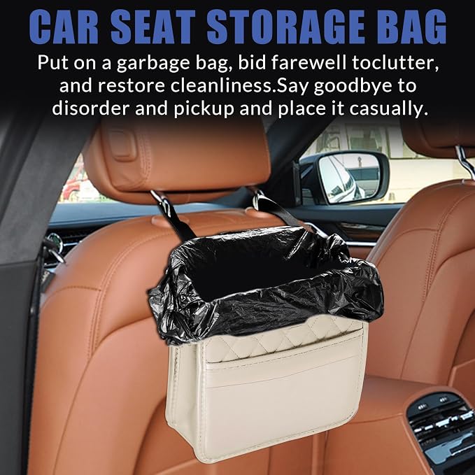 Car Seat Organizer Backseat with Storage Pockets, PU Leather Vehicle Backseat Hanging Storage Pocket, Multipurpose Automotive Travel Essentials Accessories, Universal for Most Cars (Beige)