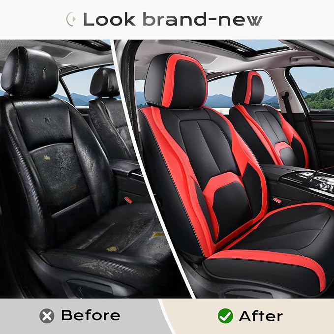 Coverado Seat Covers, Car Seat Covers Front Seats, 2 Pack Black and Red Leather Seat Covers, Waterproof Car Seat Protector with Lumbar Support, Front Seat Covers Universal Fit for Most Cars