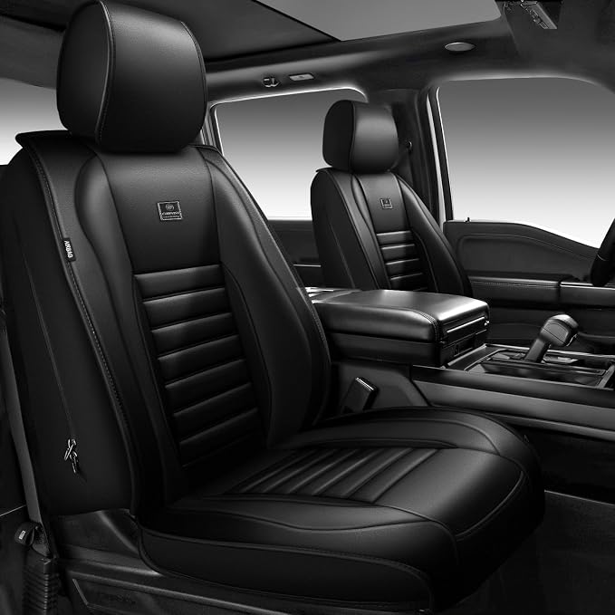 CAR PASS Nappa Leather Car Seat Covers Full Set, Luxury Seat Protector for Cars, Waterproof Anti-Slip Car Seat Cushion Armrest Compatible Airbag Universal for Sedan SUV Pick-up Truck Automotive, Black