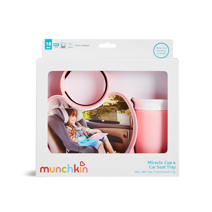 Munchkin Carseat Tray with Miracle 360 Sippy Cup for Toddlers 1-3 - Travel & Road Trip Accessory for Kids, Mess-Free Snacking and Spill Proof Drinking in The Car, Pink
