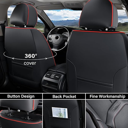 Coverado Car Seat Covers Front Seats, Waterproof Leather Seat Covers for Cars, Luxury Car Seat Covers with Lumbar Support, Car Seat Protector Driver Seat Covers Universal Fit Most Cars (Black&Red)