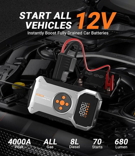 Car Jump Starter with Air Compressor, 4000A 12V Portable Jump Starter (All Gas/9L Diesel), Car Battery Jump Box with 150 PSI Tire Inflator, 3 Modes Flashlight, Storage Case, Jumper Cables