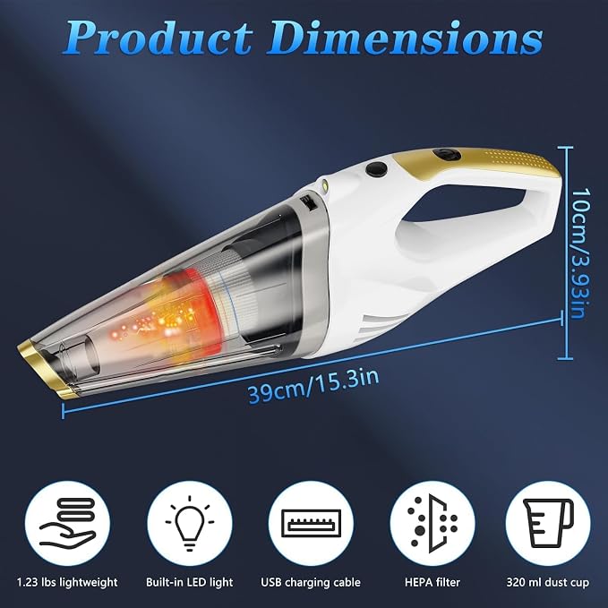 Handheld Vacuum Cordless, Dust Busters Cordless Rechargeable Car Vacuum with LED Light, Strong Suction with Filters, Portable Vacuum Cleaner for Car, Handheld Vacuum for Pet Hair/Home/Office
