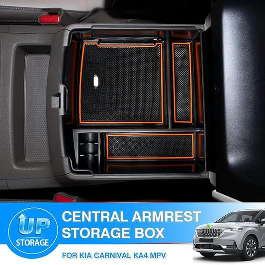 Autorder Center Console Organizer for 2022-2026 Kia Carnival KA4 MPV Accessories Armrest Storage Box Secondary Insert Tray with Orange/Black Silicone Pad