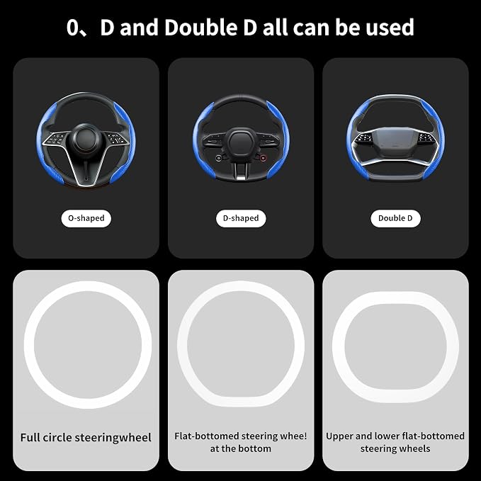 Carbon Fiber Steering Wheel Cover, 2-Piece Set Anti-Skid Comfortable Grip Segmented Butterfly Design, Easy Snap-On Installation Universal Fit 99% Cars, Blue