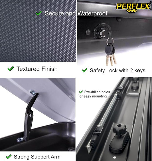 Perflex Journey Roof Cargo Box Carrier 14.8 Cubic Feet Car Top Mount Travel Luggage Storage, Passenger Side Opening, 130 Lbs Weight Capacity, Keys, Strap (Black)