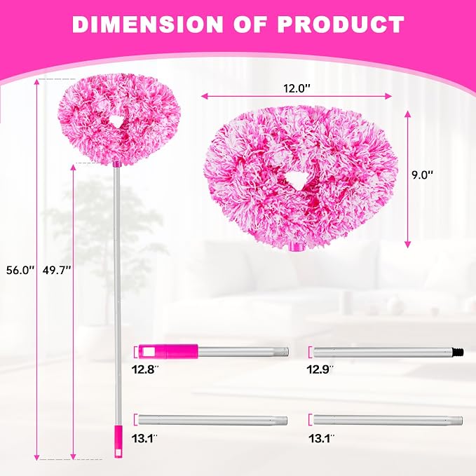 Ceiling Fan Cleaner Duster Reusable Microfiber Ceiling Fan Blade Cleaner Removable Duster with Extension Pole Adjusts 13 to 49.7 Inch for Cleaning Walls Furniture Door Window Top (Rosy White)