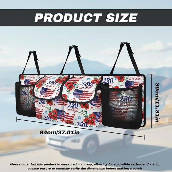 250 Years Trunk Storage Organizer Backseat Hanging Storage Bag with 4 Pockets & 3 Adjustable Straps Adjustable & Waterproof Car Interior Accessories for Most Cars