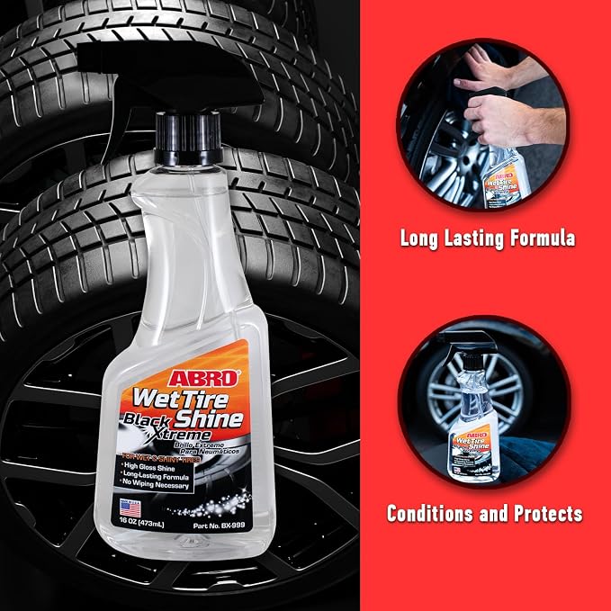 ABRO Black Xtreme Wet Tire Shine, 16 oz., Tire Dressing for Deep Glossy Finish for Protection and Conditioning, Long-Lasting Tire Shine Spray, Fights Cracking and Fading, No Buffing Required