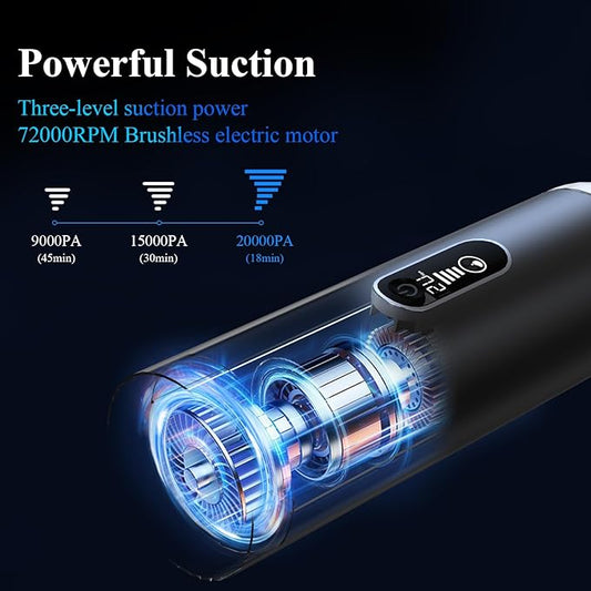 Minthouz Car Vacuum Portable Cordless - 20000PA High Power Handheld Vacuum with LED Display, 2.5H Fast Charging Up to 45 Mins of Runtime, Hand Vac Cordless Rechargeable for Car Home Corner Cabinet