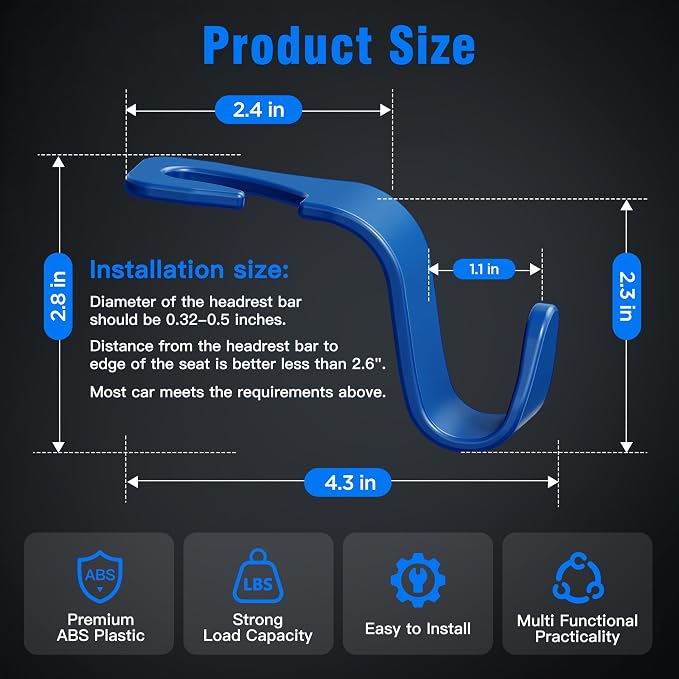 Amooca Car Seat Headrest Hook 4 Pack Hanger Universal Vehicle Car Storage Organizer for Handbag Purse Coat S Type Blue