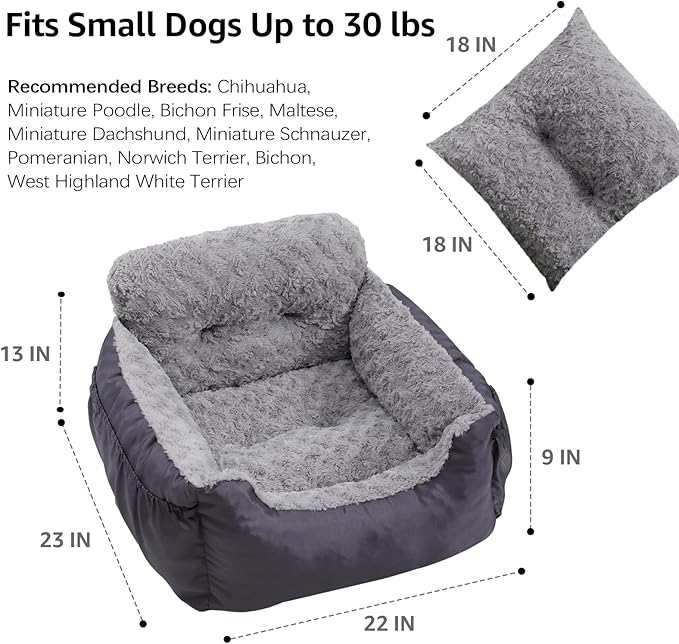Oiilores Dog Car Seat for Small Dogs, Washable Pet Booster Car Seats with Clip-On Safty Leash, Comfy Deluxe Plush Carseat with Storage Pockets, Puppy Travel Carrier Bed for Dogs Under 25 lbs, Grey