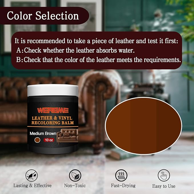 Leather Recoloring Balm & Color Restorer - 10OZ Multipurpose Dye & Paint for Faded Leather Couches, Car Seats, Shoes | Fix Scratches on Clothing, Furniture & Accessories(Medium Brown)