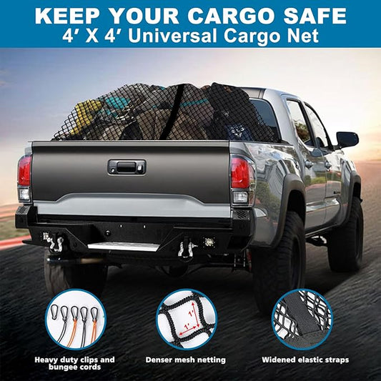 Cargo Net for Pickup Truck Bed, Highly Elastic Truck Bed Cargo Net, 4' X 4' Stretchable to 8' X 8', Cargo Mesh Organizer, for Daily Light Loads of Trucks