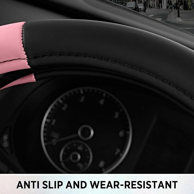 Road Comfort Leather Steering Wheel Cover – Premium Anti-Slip Car Steering Wheel Grip Cover – Universal Fit for 14.5”–15” Cars, Trucks & SUVs - Pink