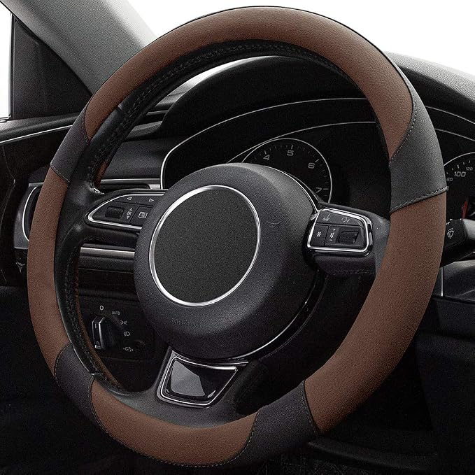 Steering Wheel Covers Black Universal Microfiber Leather, Suitable for 14 1/2-15 inch Car Steering Wheel Cover, Breathable, Anti Slip- Brown