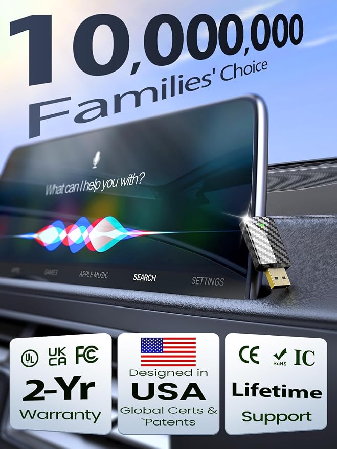 Wireless CarPlay Adapter for Apple iPhone – Converts Wired to Wireless, Gold-Plated USB Bluetooth Dongle, No Lag for Long Drives, Plug & Play for Cars from 2016 with Factory CarPlay