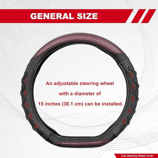 D Shaped 14.5-15 Inch Steering Wheel Cover, 3D Honeycomb Anti-Slip Design with Great Grip, Flat Bottom Comfy Car Steering Wheel Protector (Red)