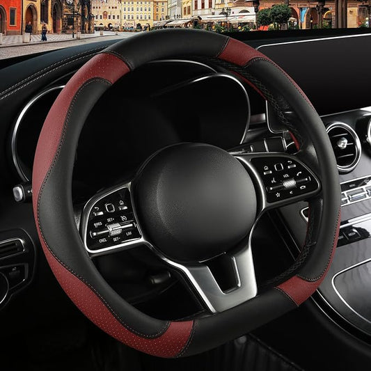 Microfiber Leather D Shaped Steering Wheel Cover, Breathable, Anti Slip, Universal 15 inch, Black with Burgundy