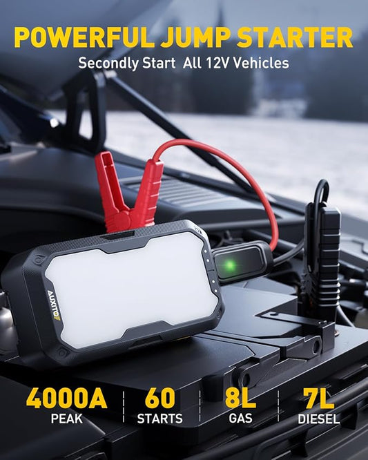 AUXITO Portable Jump Starter - 4000A Car Battery Jump Starter(8L Gas/7L Diesel) 2000LM Camping Light, 12V Jump Box with 4 Modes Working Light and 2 Hook, Portable Charger and Jump Cables