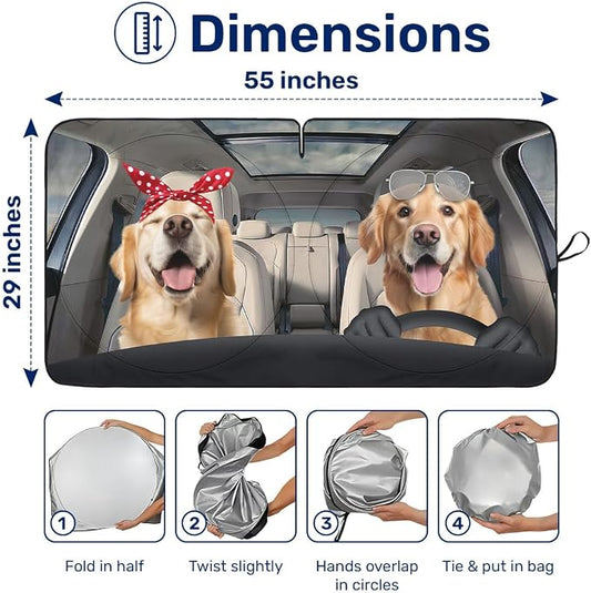 GENANY Cute Golden Dog Couple Funny Windshield Sun Shade for Car SUV Truck (55x29 Inches), Automobile Sunshade, Protector Blocks UV, Car Accessories, Auto Decor