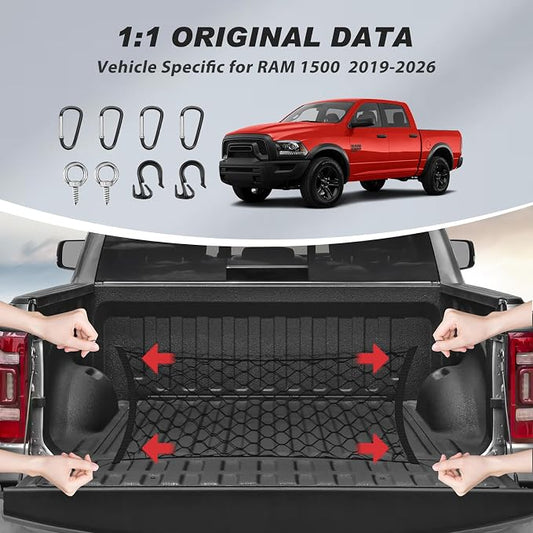 Karltys Truck Bed Cargo Net for Dodge Ram 1500 2019-2024 2025 2026, Envelope Style Pickup Truck Bed Tailgate Net for Ram 1500 Accessories, Heavy Duty Nylon Mesh Storage Netting Organizer with Hooks