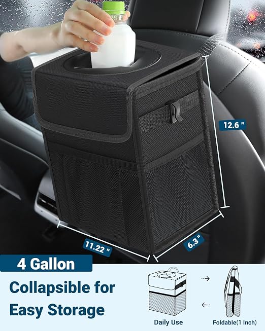 Capolo Car Trash Can with Lid, Leakproof Car Trash Bag Hanging Waterproof Automotive Garbage Can with Storage Pockets Mini Vehicle Trash Bin for Back/Front Seat(Black,4 Gallon)