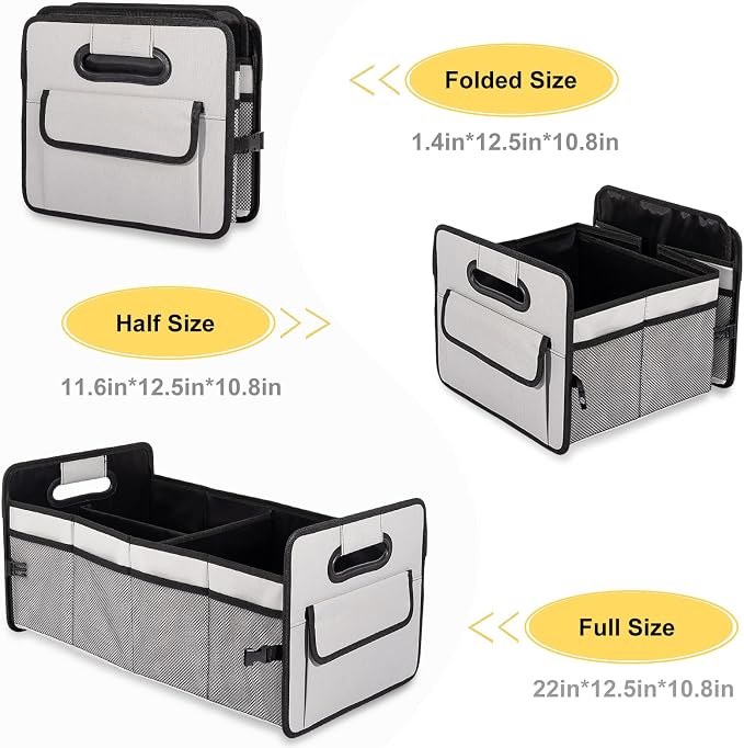 JiatuA Car Trunk Organizer, Car Organizers and Storage Collapsible Multi Compartment Container Box, Adjustable Car Accessories for SUV Sedan Truck, Standard Size, Grey