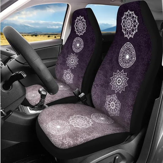 14 Pcs Art Mandala Car Seat Covers Full Set Car Steering Wheel Cover,Seat Belt Covers Cup Holder with Keychain,Novelty Design Gradient Color Automotive Protector Set Universal Fit,Purple