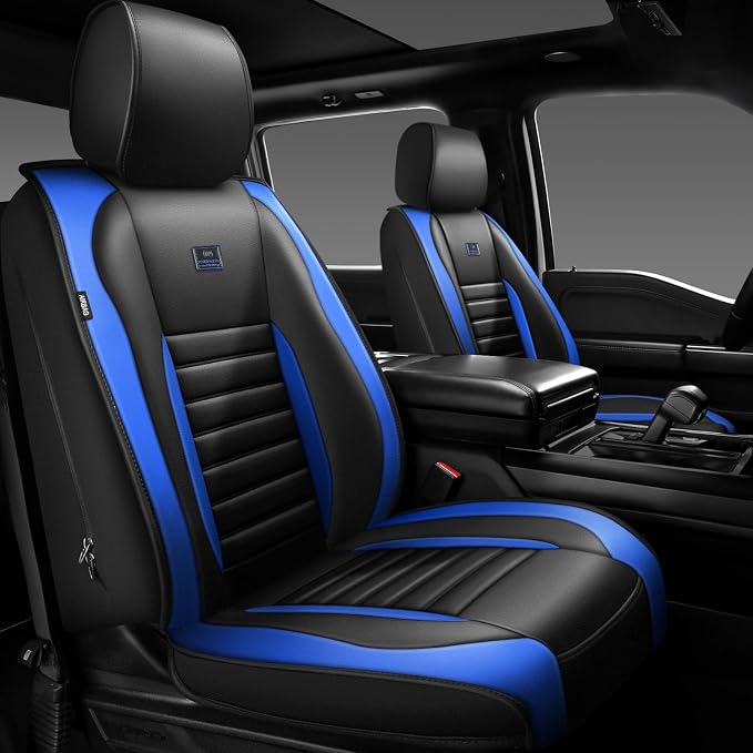 CAR PASS Nappa Leather Car Seat Covers Front Seats, Luxury Seat Protector for Cars, Waterproof Anti-Slip Seat Cushion Airbag Compatible Universal for SUV Pick-up Truck Automotive Vehicle,Black Blue