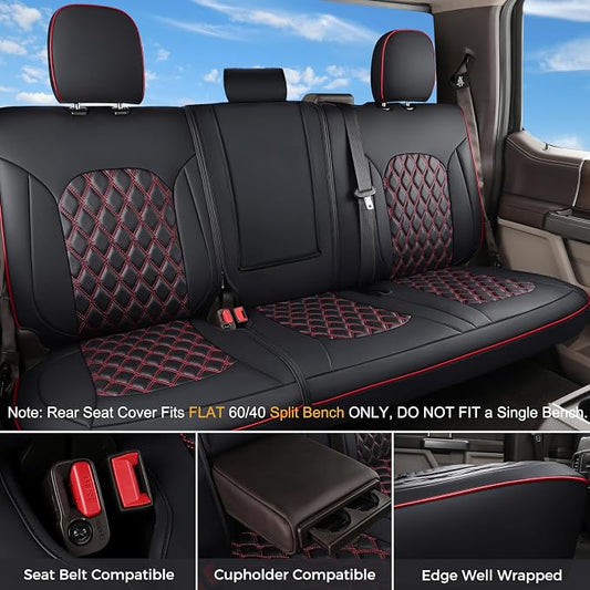 Huidasource Dodge Ram Front & Rear Seat Covers, Leather Car Seat Cover Full Coverage Waterproof Truck Seat Cushion Protector Fit for 2019-2025 RAM 1500 2500 3500 Crew/Mega Cab(Full Set/Black&Red)