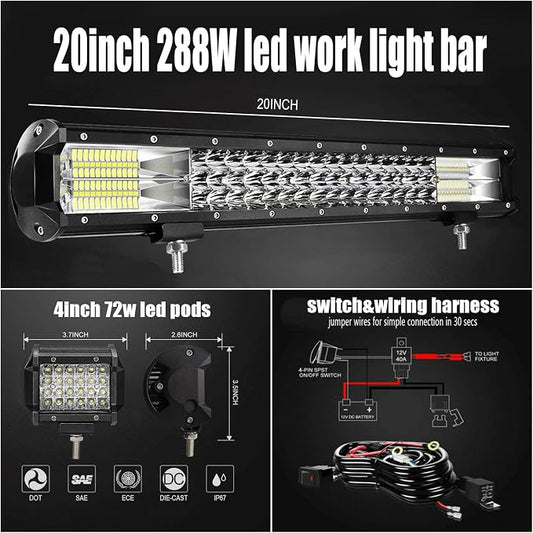 LED Light Bar Kits - 20 Inch LED Light Bar for Tuck and 4pcs 72w Light Pods with Wiring Harness 12V 24V Car Truck ATV Tractor Work Lights Waterproof Car Off Road Driving Lights