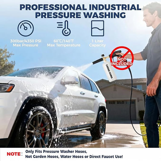 Foam Cannon for Pressure Washer, Industrial Car Wash Foam Sprayer with 1/4 Inch Quick Connector, Adjustable Soap Cannon with 5 Pressure Washer Nozzle Tips for Car Detailing, 1 Liter