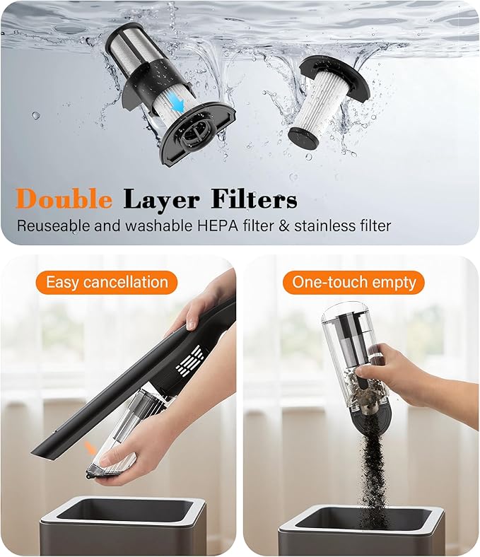 Cordless Handheld Vacuum,24KPA Powerful Hand Held Vacuum,Portable Rechargeable Car Vacuum Cleaner with Brushless Motor,Charging Dock and Washable Filter for Car,Home,Office,Pet Pair,Black