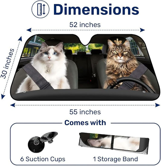 GENANY Couple Cat Windshield Cover for Car SUV Truck (55x30 Inches), Foldable Heat Shield, Shades for Front Windows, Protector Blocks UV, Car Decor