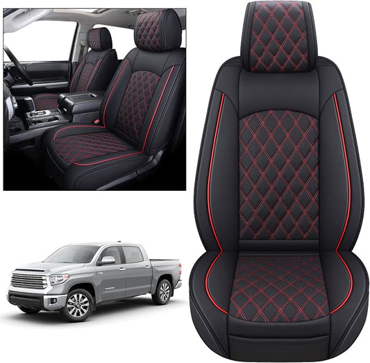 YIERTAI Truck Seat Covers for Toyota Tundra 2008-2023 2024 2025 2026 Crewmax Double Cab Limited Platinum 1794 Edition Tundrasine Concept Waterproof Leather(2 PCS Front only/Black-Red)