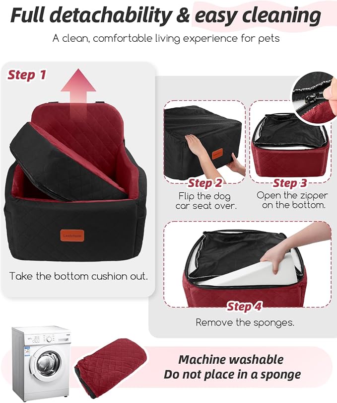 Lealchum Dog Booster Car Seat for Small/Medium Dogs,Puppy Portable Car Bed with Elevated Cushion,Fully Detachable and Washable,2 Storage Pockets,Easy to Install (Blakc/Red, Medium)