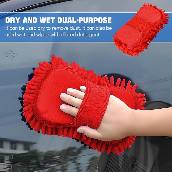 2PCS Microfiber Car Wash Sponge, Double Sided Chenille Microfiber Car Wash Mitt, Scratch Free & Lint Free, Absorbent Automotive Washing Sponges, Auto Cleaning Supplies (Red)