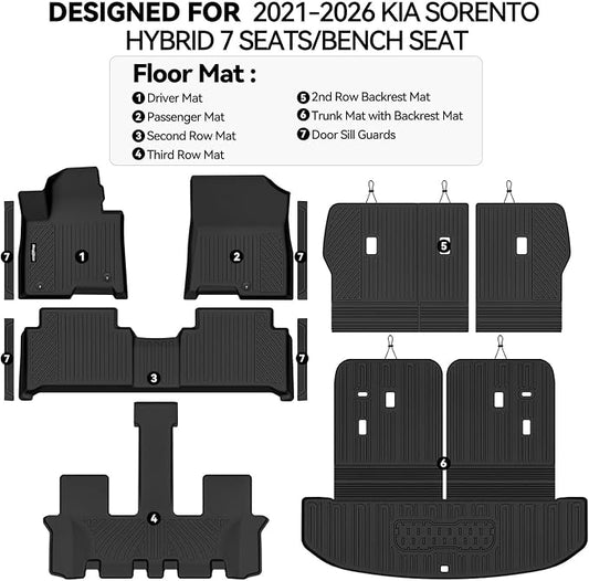 Floor Mats for 2021-2026 Kia Sorento Hybrid 7 Seats/Bench Seat (Not for Gas), Trunk Mat and Backrest Mats & Door Sill Guard All Weather TPE Protector for Kia Sorento Accessories