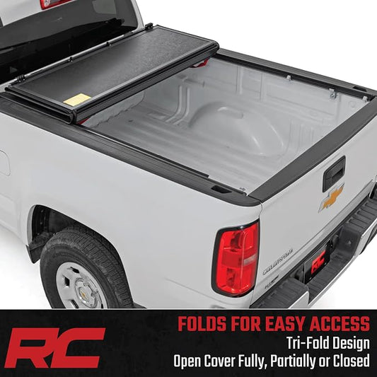 Rough Country Hard Low-Profile Tri-Fold Tonneau Cover for Chevy Colorado & GMC Canyon (2015-2026) - Low-Profile Aluminum Truck Bed Cover, Fits 6' Bed