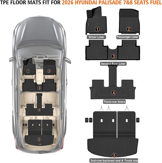 All Weather Car Floor Mats Cargo Liner with Backrest Mat for 2026 Hyundai Palisade 7&8 Seats (Only Fit Fuel), TPE Rubber Liners Full Set Automotive Mats for 2026 Hyundai Palisade Accessories