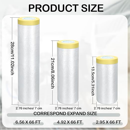 Fainne 12 Rolls Assorted Plastic Sheeting Pre Taped Masking Film Clear Masking Paper for Automotive Painting Covering Painting Supplies, 3 Multi Sizes x 66 Feet/roll