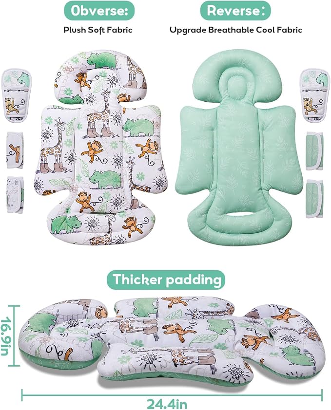 Infant Car Seat Insert, Enlarged Head Support For Baby Carseat, Reversible Newborn Insert With 3 Strap Covers, 2-in-1 Baby Car Seat Cushion for Stroller, Swing, Bouncer, Rocker - Blue Giraffe